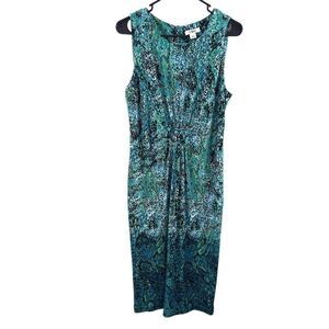 Cato Midi Dress Gathered Waist Slimming Abstract Green Print Stretchy Size 12